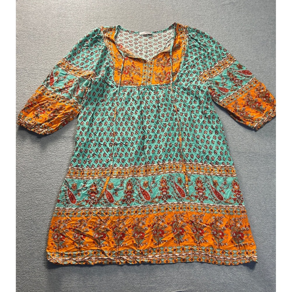 Bluetime Boho Tunic Top Womens 2XL Aqua Orange Floral Paisley 3/4 Sleeve Blouse